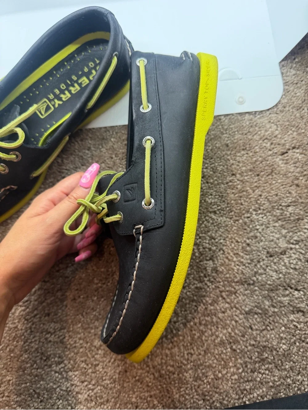 Sperry Men’s Black Boat Shoes with Neon Yellow Accents
